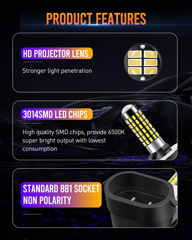 LUYED 881 LED Fog Light Bulb 1800 Lumens Super Bright 3014 78-EX Chipsets 889 894 896 Led Bulbs with Projector for Fog Lights,Xenon White,Pack of 2 - Image 4